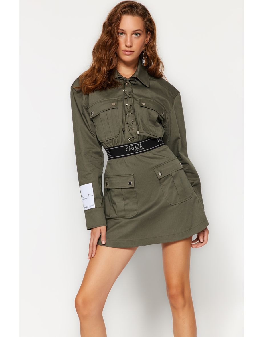 X Sagaza Studio Khaki Elastic Waist Poplin Dress