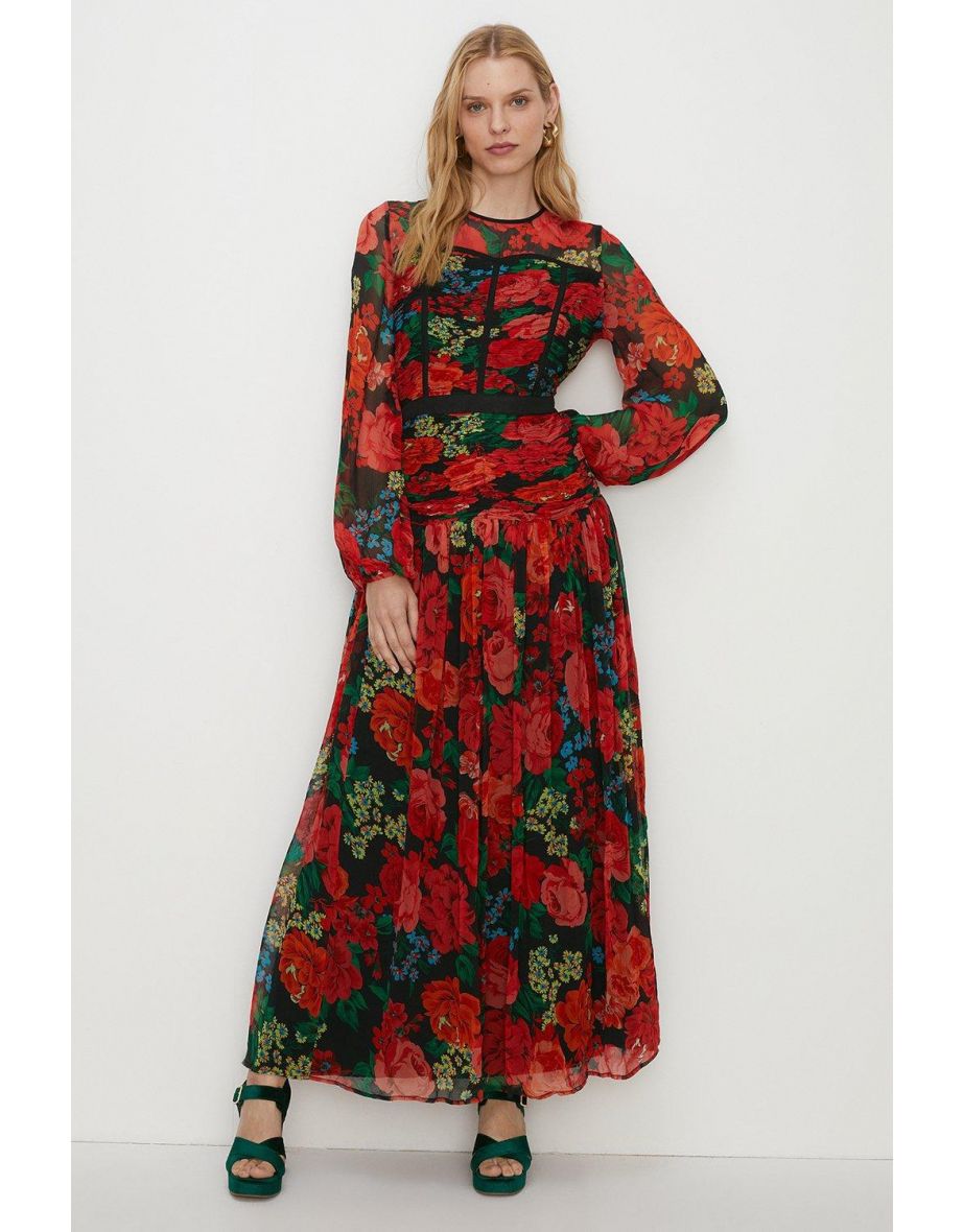 Contrast Ruched Floral Chiffon Maxi Dress