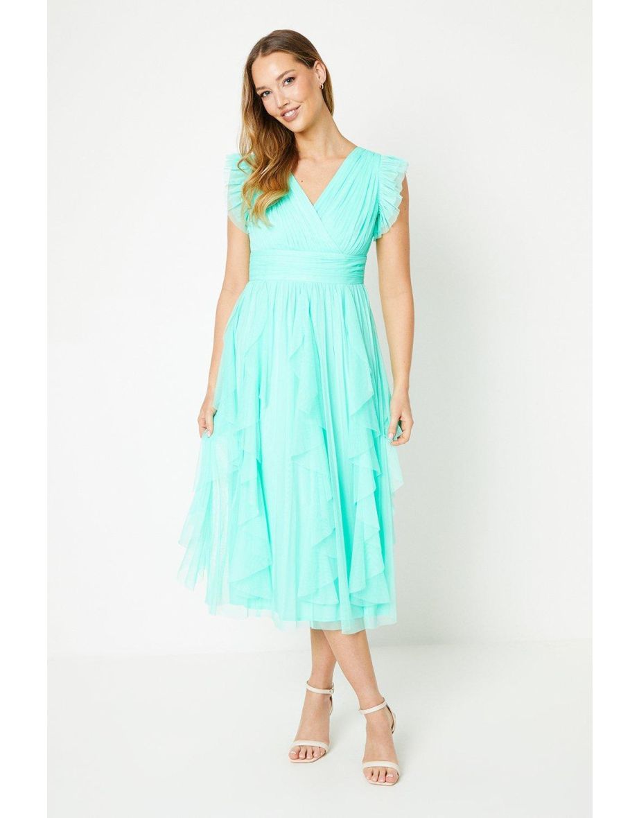 Ruffle Skirt Mesh Midi Dress