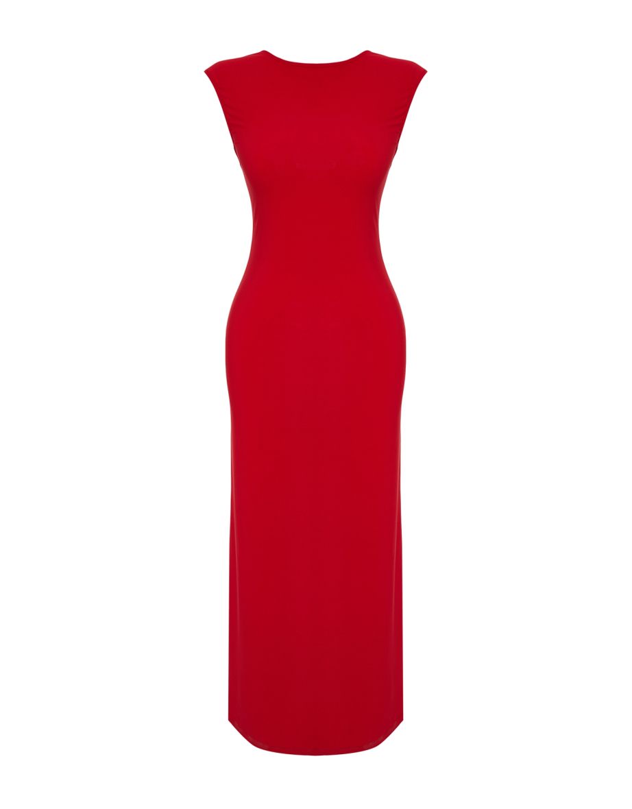 Red Decollete Decollete Fitted/Sliding Knitted Maxi Dress - 6
