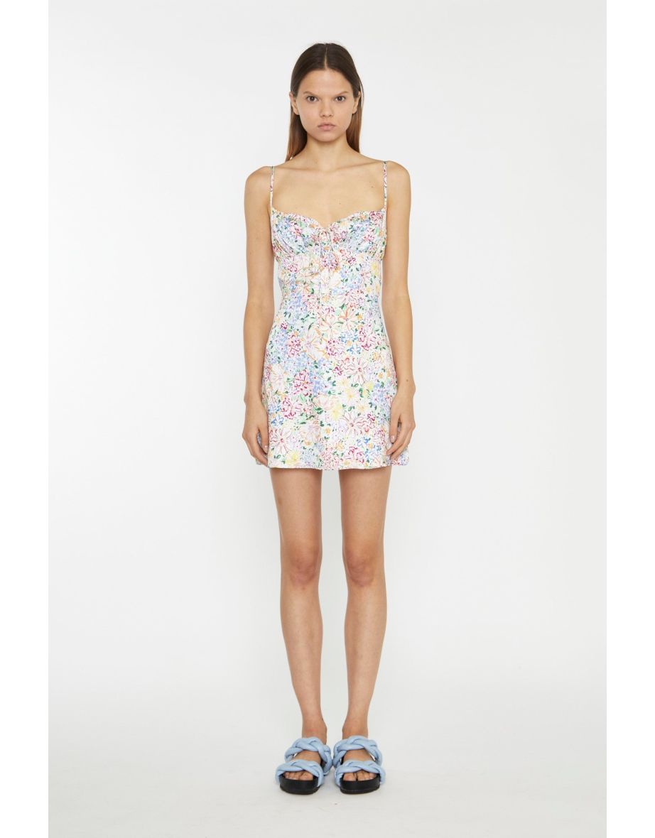 Painted Multi-Floral Tie-Back Ruched Mini-Dress