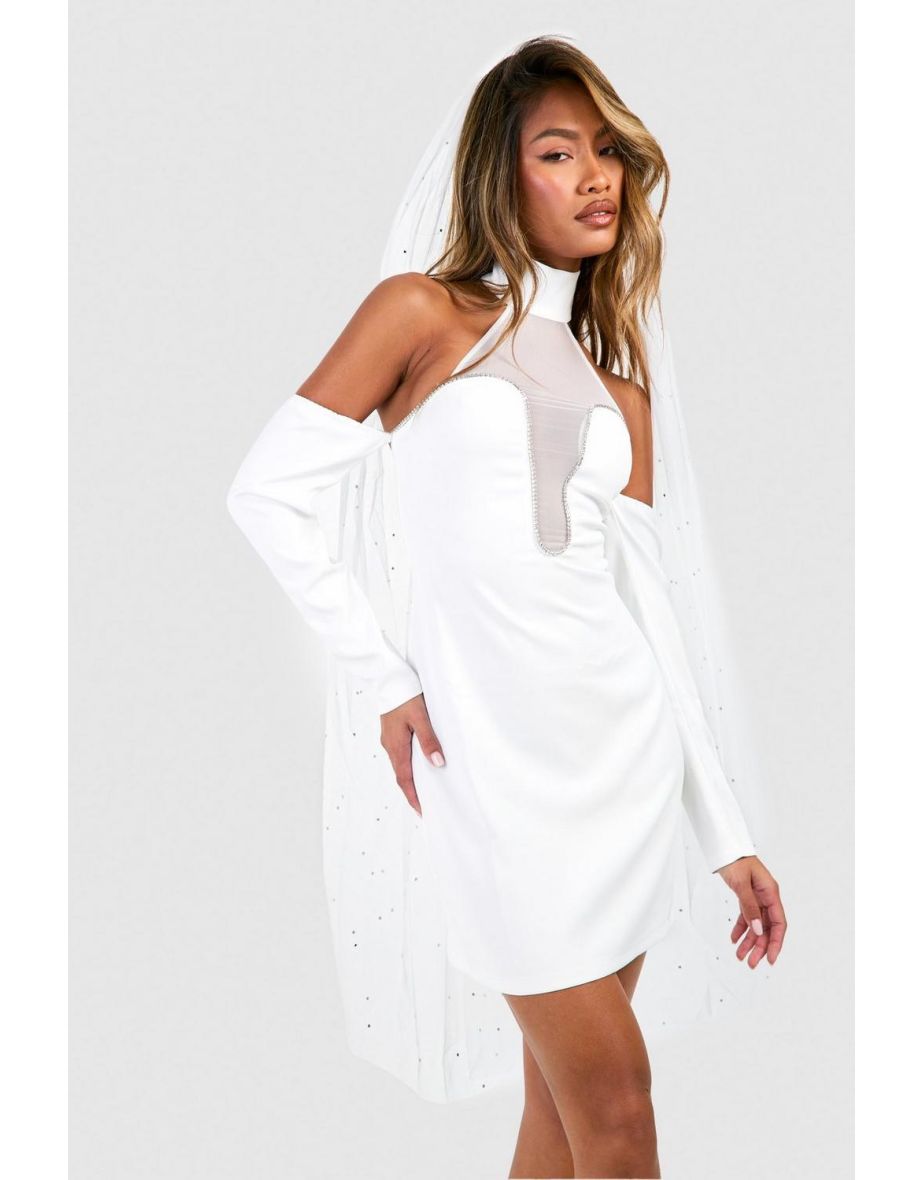 Diamante Trim Halterneck Mini Dress - white