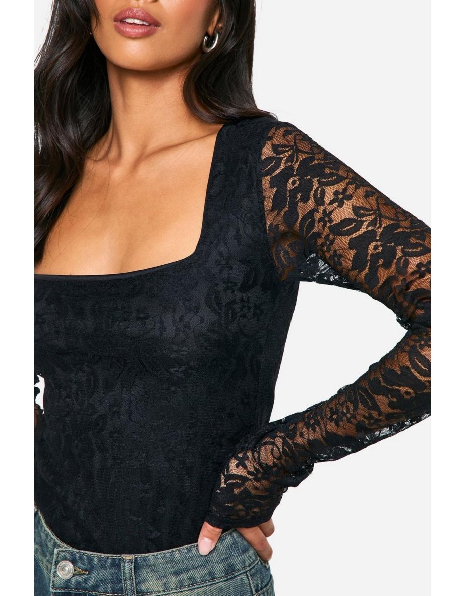 Petite Lace Square Neck Bodysuit - black - 3