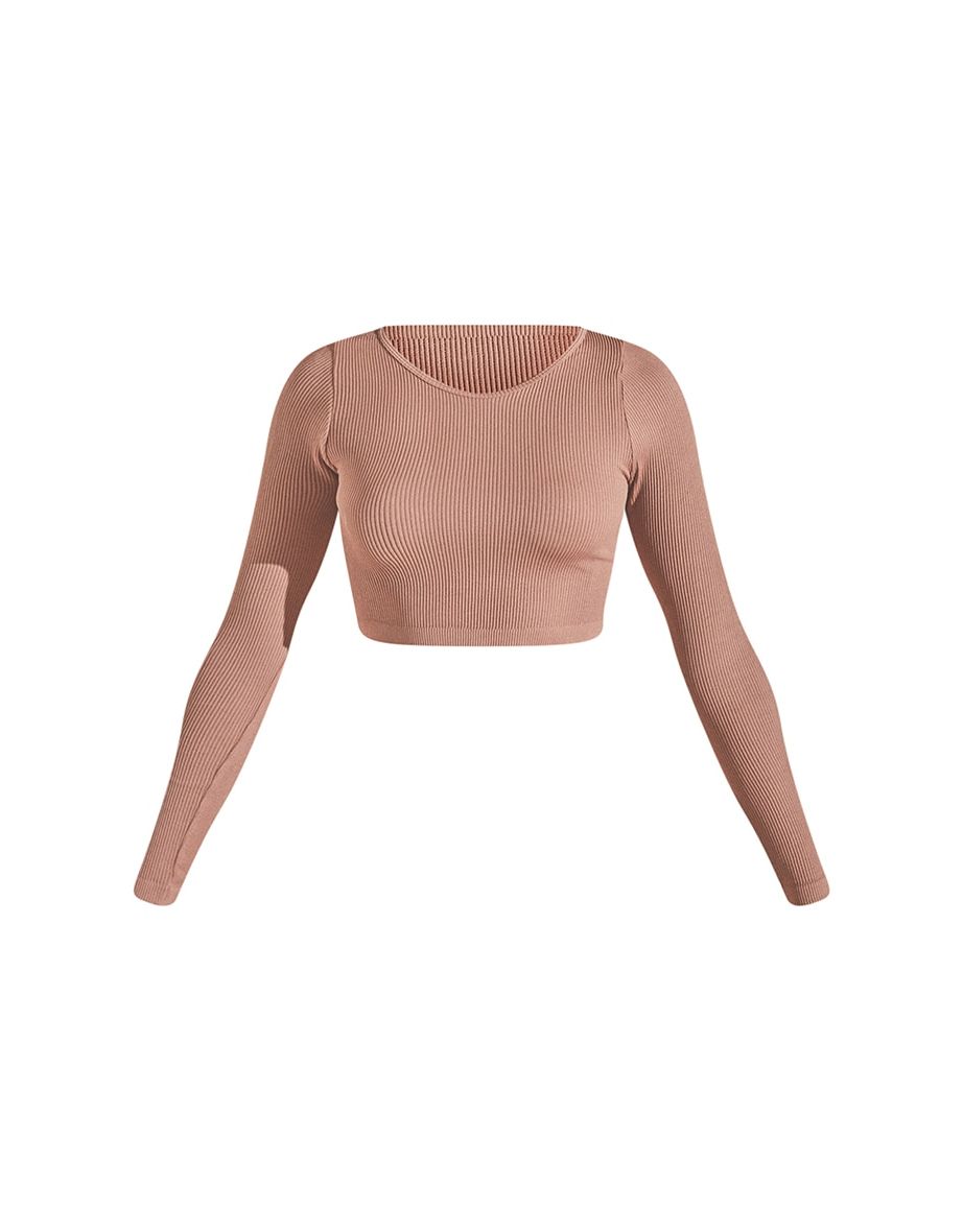 Taupe Structured Contour Ribbed Round Neck Long Sleeve Crop Top - 4