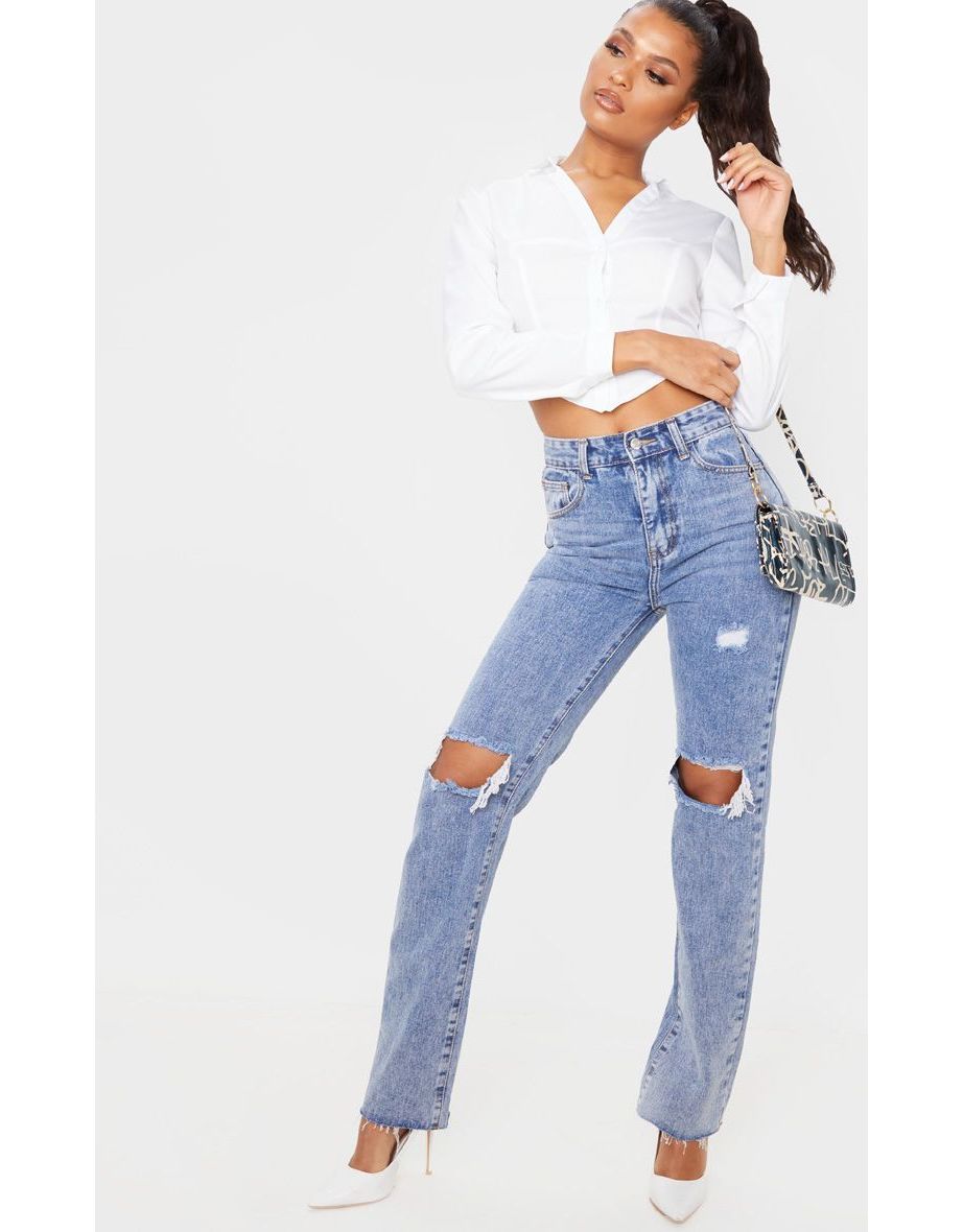 Vintage Wash Extra Long Distressed Straight Leg Jeans