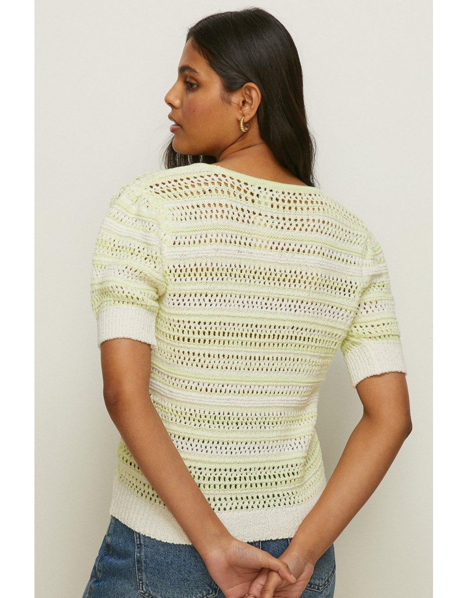 Short Sleeve Textured Stripe Knitted Top - 2