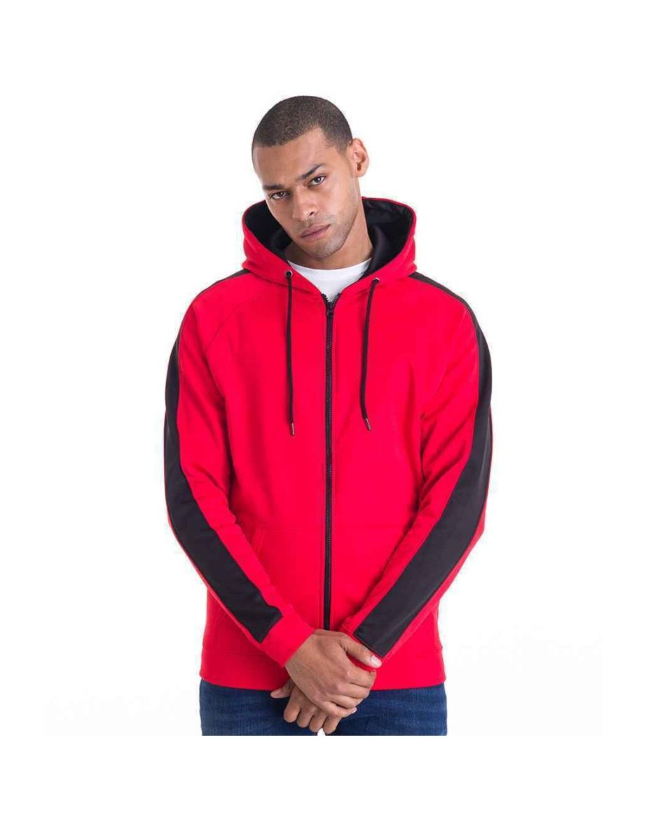 AWDis Just Hoods Mens Contrast Sports Polyester Full Zip Hoodie - Fire Red/Jet Black - 1