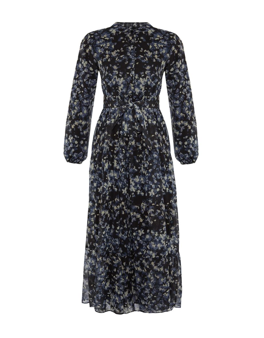 Black Floral Patterned Sash Detail Lined Chiffon Woven Dress - 7