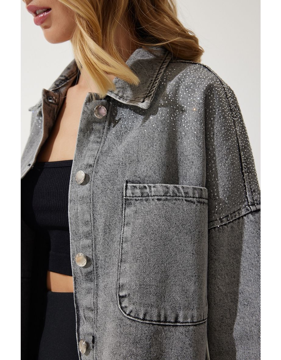 Women's Gray Chain Detailed Oversize Denim Jacket - 11