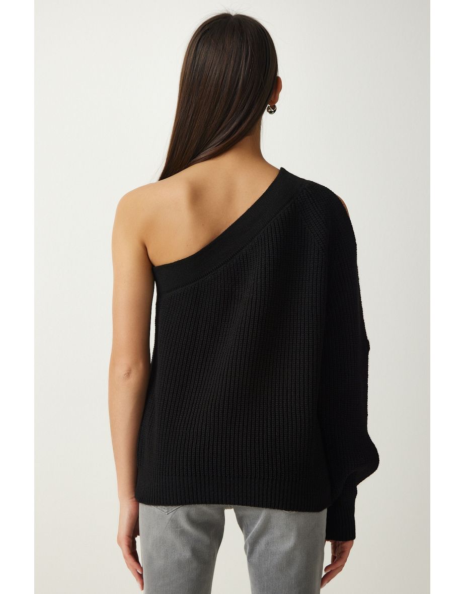 Women's Black Window Detailed Single Sleeve Knitwear Sweater - 4