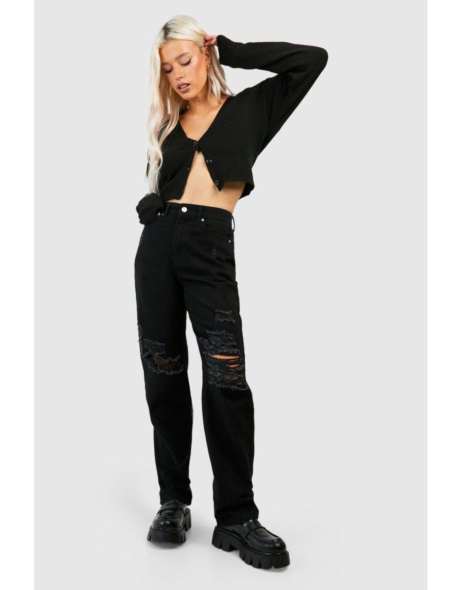 High Waisted Distressed Ripped Straight Leg Jean - black