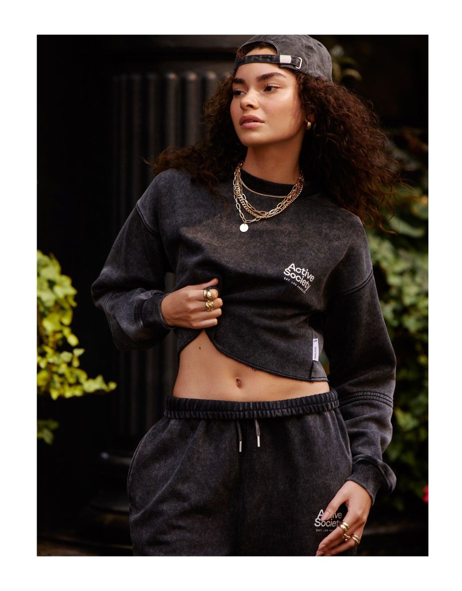 Acid Wash Active Society Graphic Cropped Sweatshirt