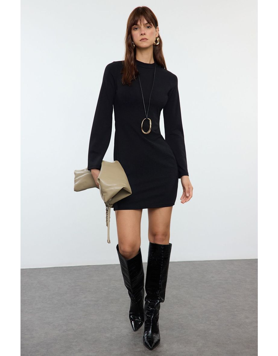 Black Straight Fitted High Collar Spanish Sleeve Mini Knitted Pencil Dress