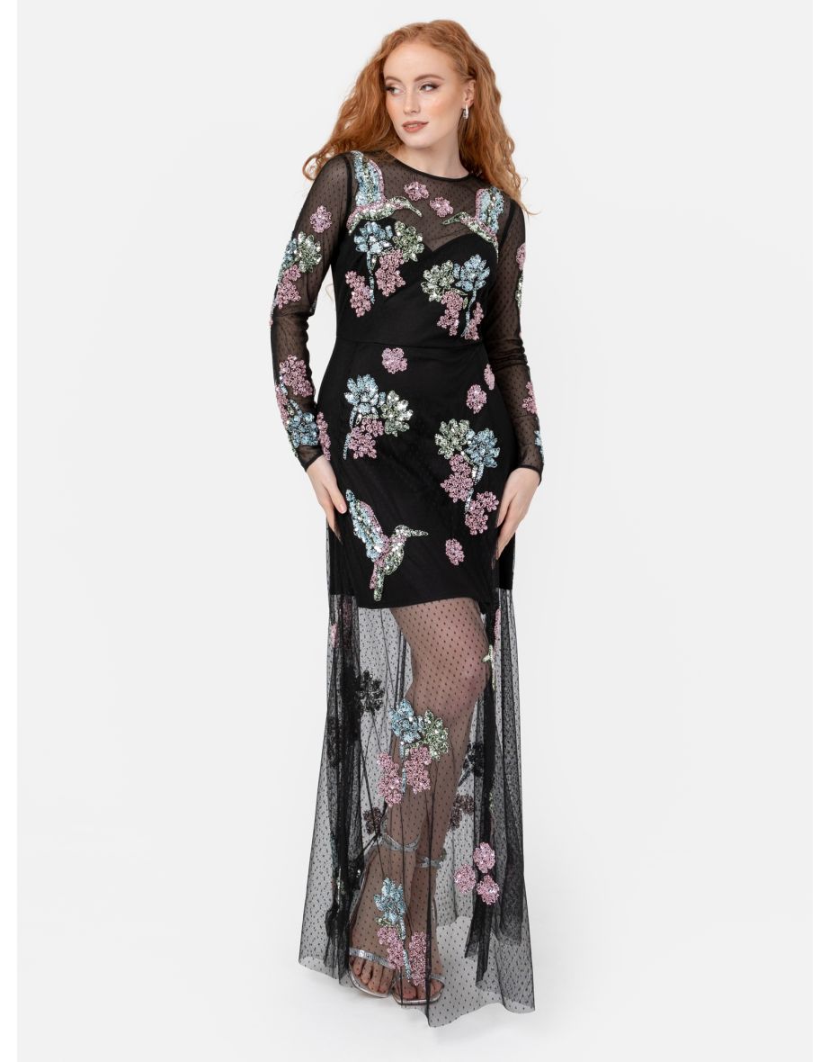 Maya Black Spot Mesh Embellished Long Sleeve Maxi Dress