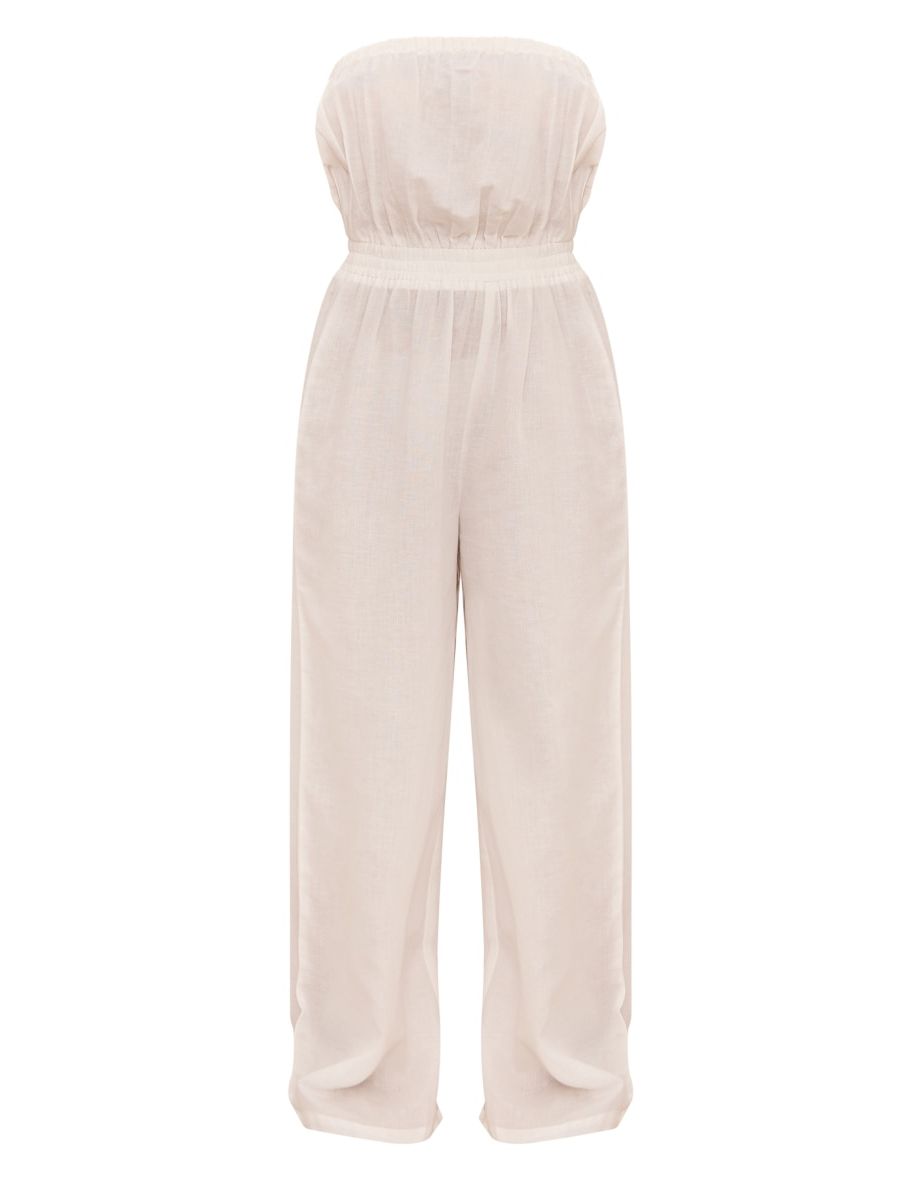 Petite White Linen Look Bandeau Wide Leg Jumpsuit - 4