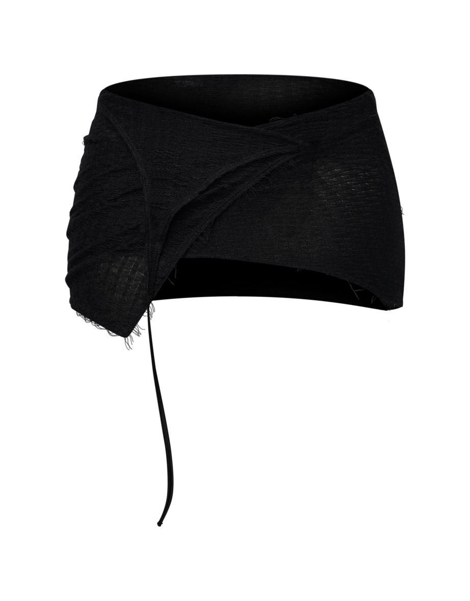 Black Textured Jersey Fold Over Tie Detail Micro Mini Skirt - 4
