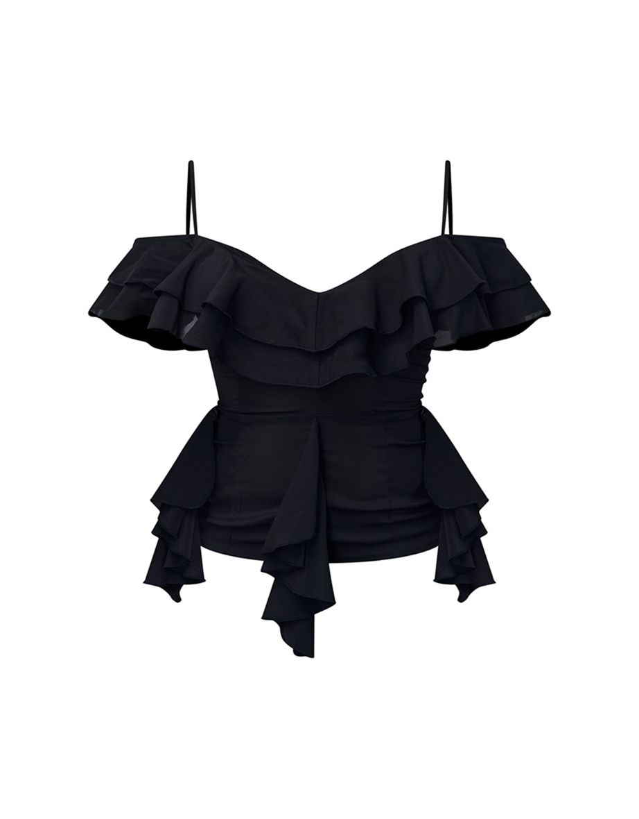 Black Chiffon Bardot Frill Strappy Long Top - 4