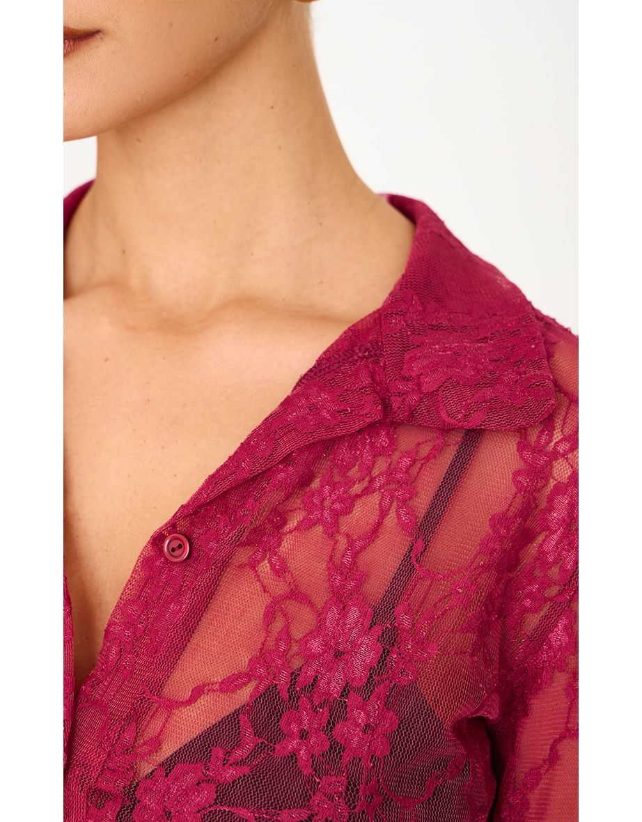 Burgundy Lace Collared Shirt - 3