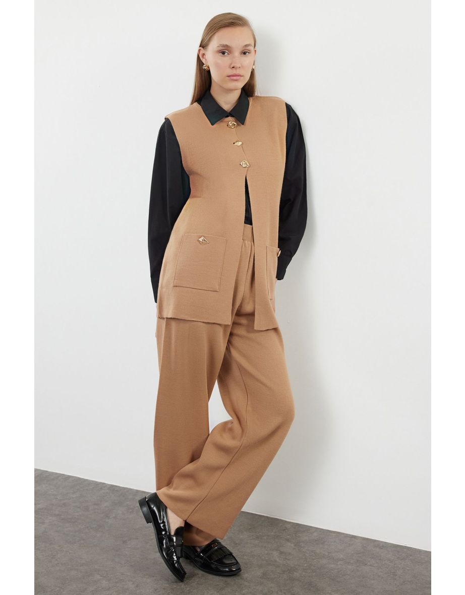 Camel Button Detailed Knitwear Vest Trousers Bottom-Top Set - 4