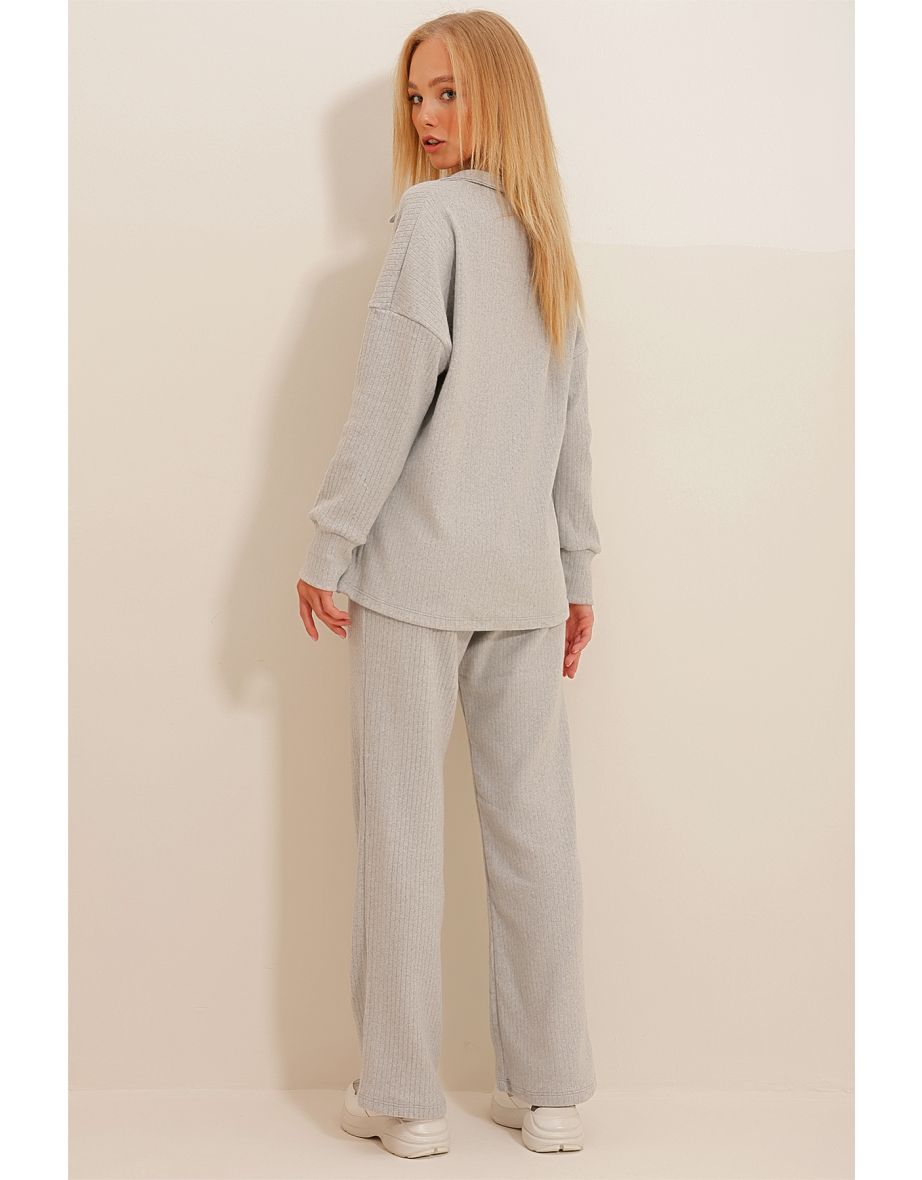 Women's Gray Polo Neck Top and Palazzo Trousers Knitwear Bottom and Top Set - 3