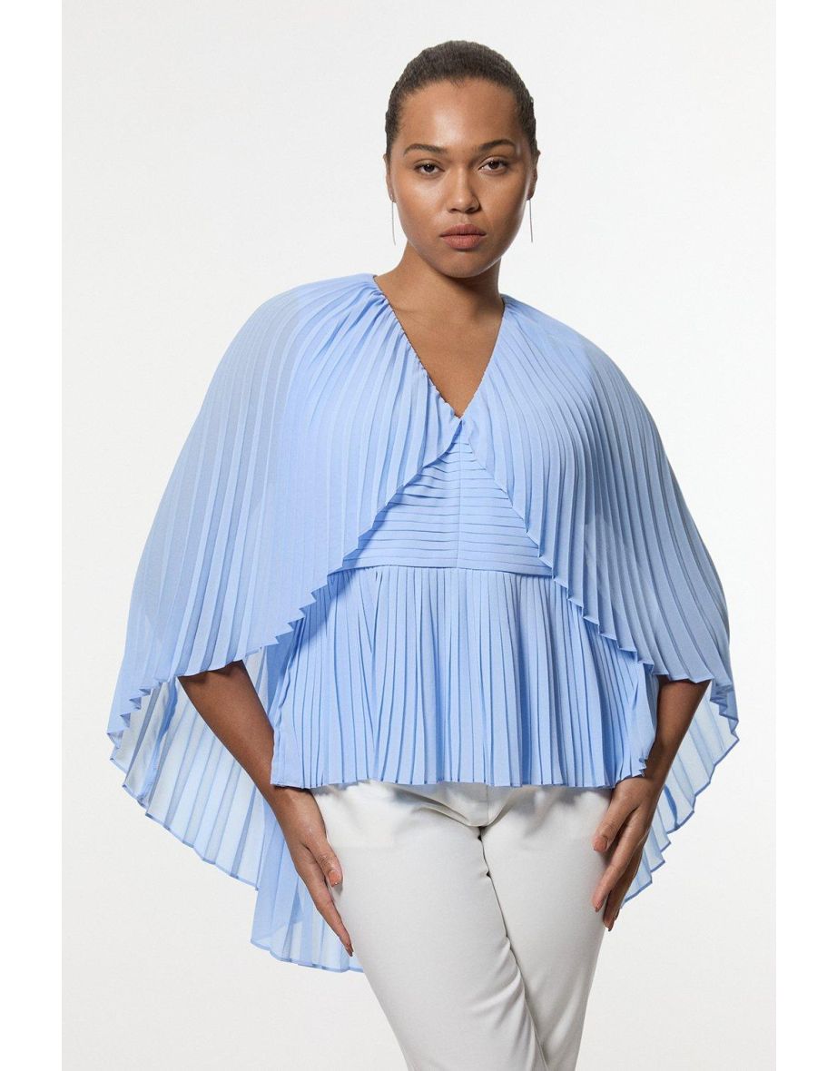 Plus Size Pleated Cape Sleeve Plunge Neck Top