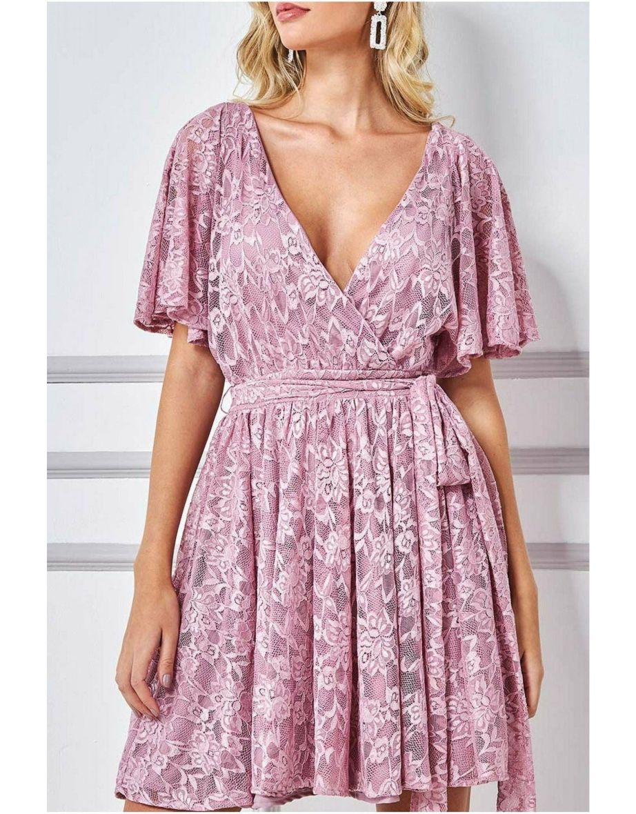 Goddiva Lace Kimono Wrap Skater Mini Dress - Mauve - 3