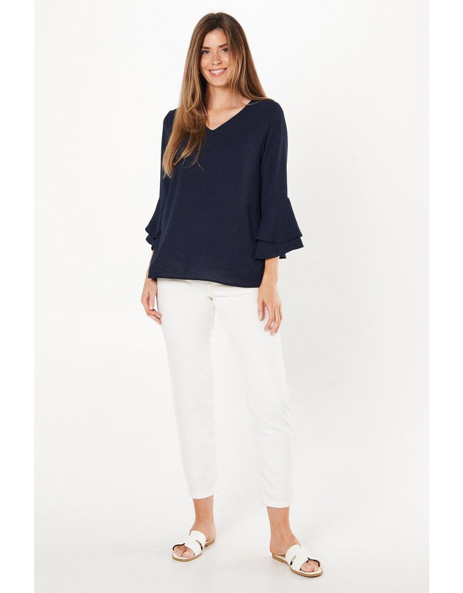 Navy Flute Sleeve Blouse