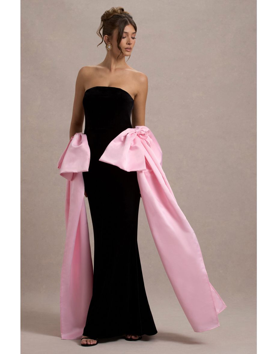 Attention | Black Strapless Maxi Dress With Pink Satin Bows - 5
