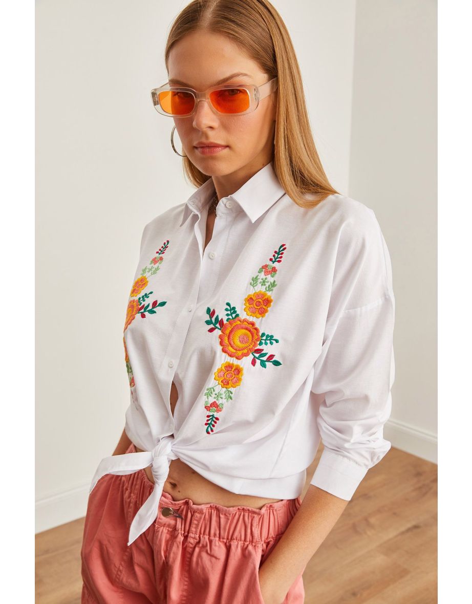 Women's Orange Floral White Embroidery Detailed Oversize Woven Shirt