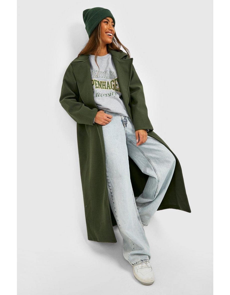 Longline Wool Look Coat - khaki