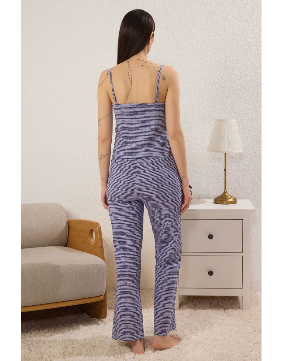 Dark Purple Cotton Striped Lace Rope Strap Knitted Pajama Set - 3