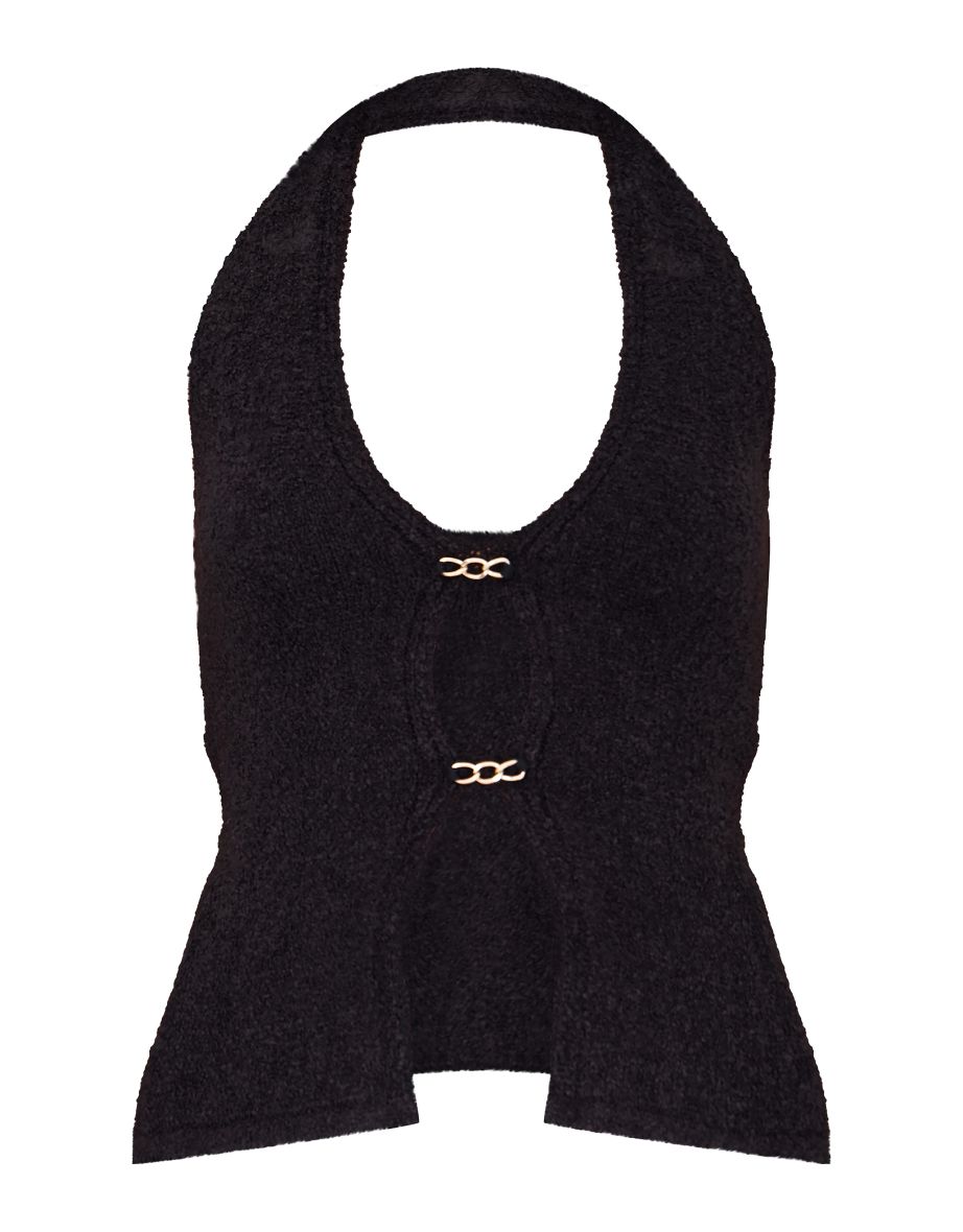Black Soft Bobble Knit Gold Trim Waistcoat Top - 4