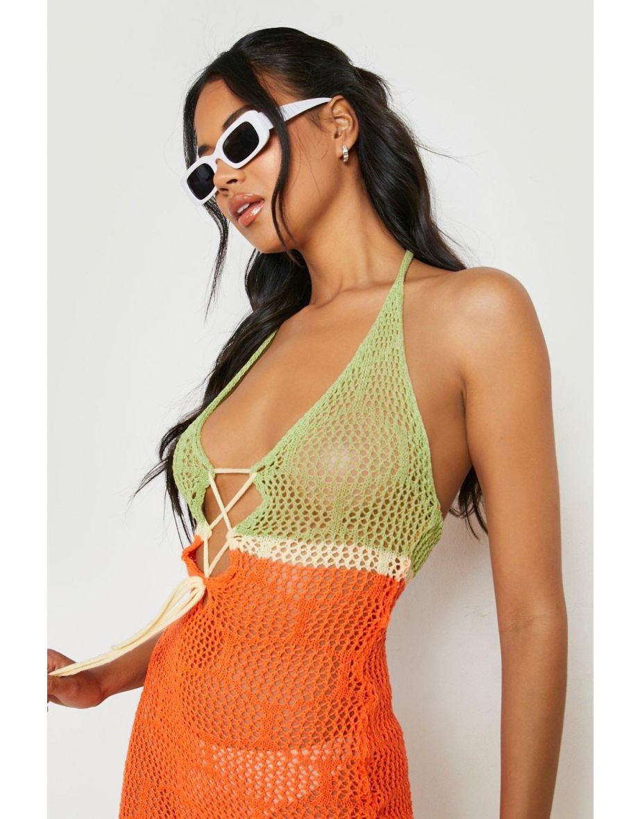 Crochet Halter Neck Colour Block Dress - orange - 3