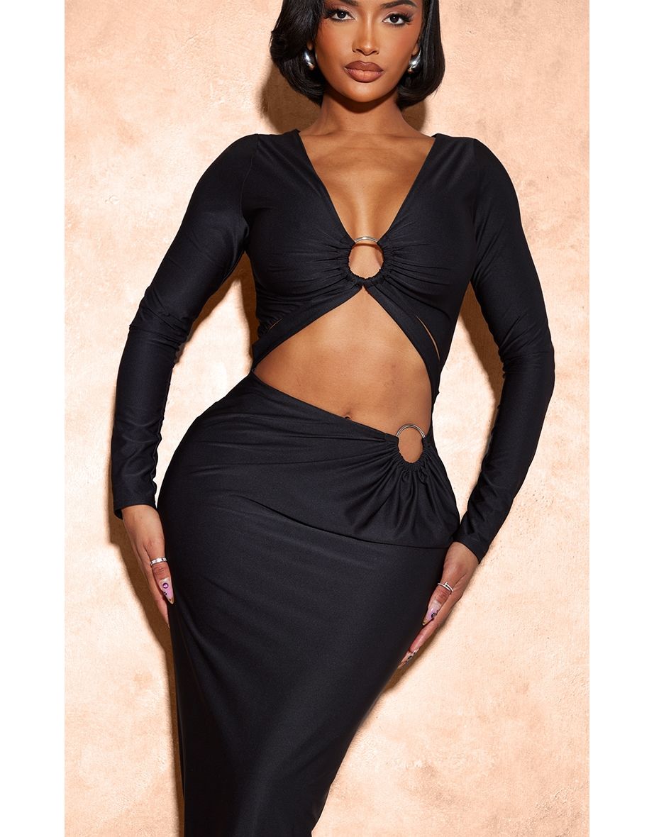 Shape Black Slinky Cut Out Ring Long Sleeve Maxi Dress - 3