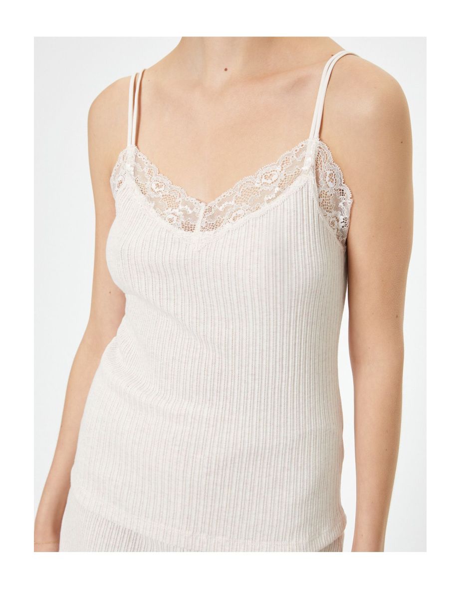 Pajama Top Thin Strap Lace Detail Ribbed - 4
