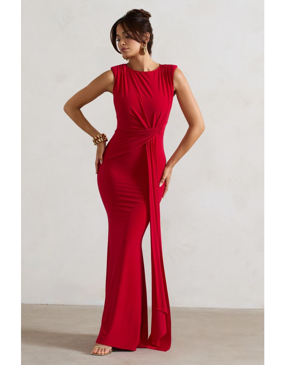 Kadie | Red Sleeveless Gathered Maxi Dress With Drape