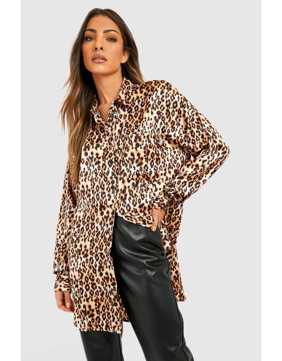 Leopard Print Satin Oversized Pocket Shirt - brown