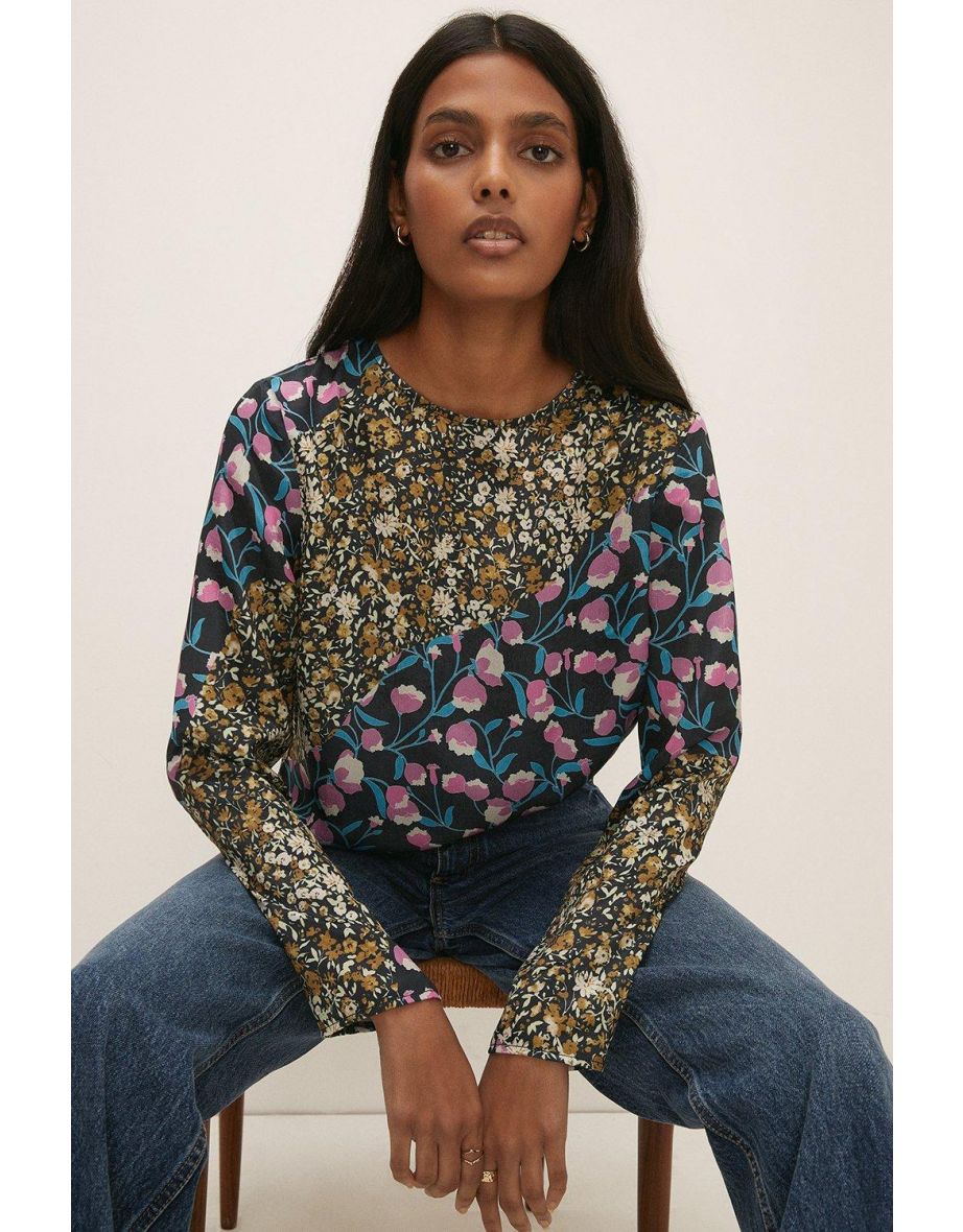 Asymmetric Floral Print Long Sleeve Satin Top