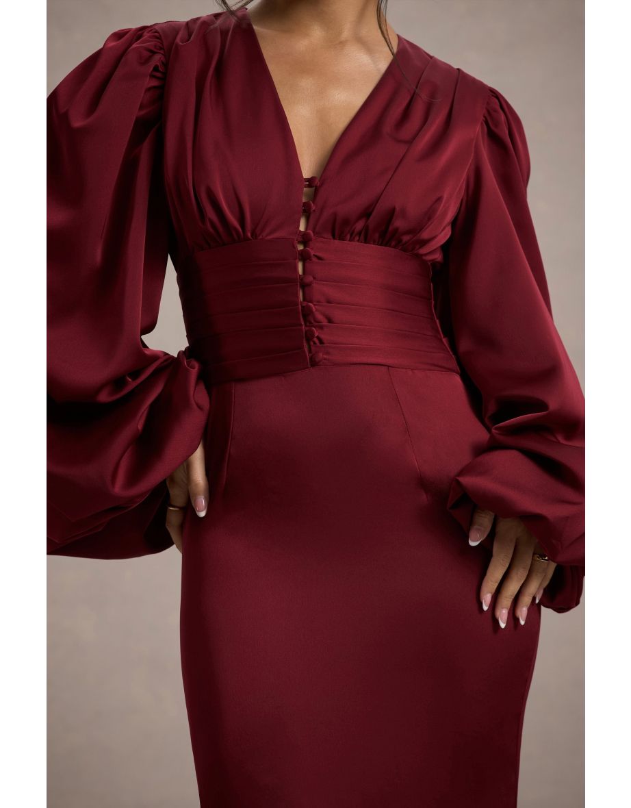 Helsinki | Berry Satin V-Neck Balloon Sleeve Maxi Dress - 6