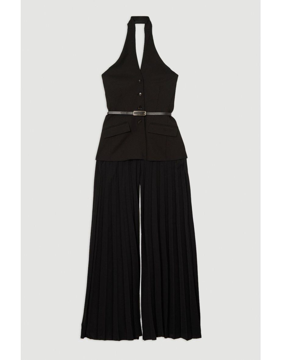 Compact Stretch Halter Neck Pleated Wide Leg Jumpsuit - 3