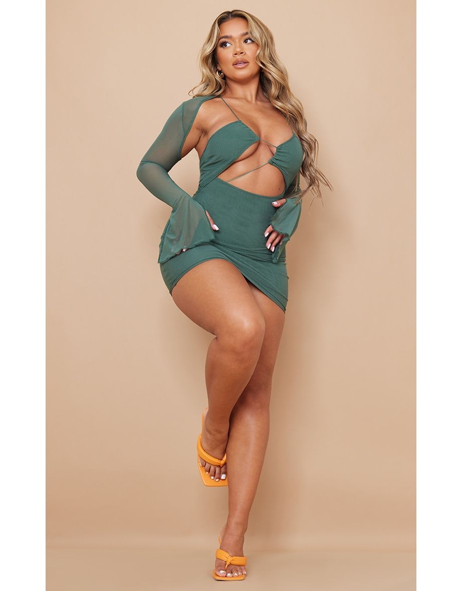 Green Plus Chiffon Bodycon Mini Dress with Long Sleeve
