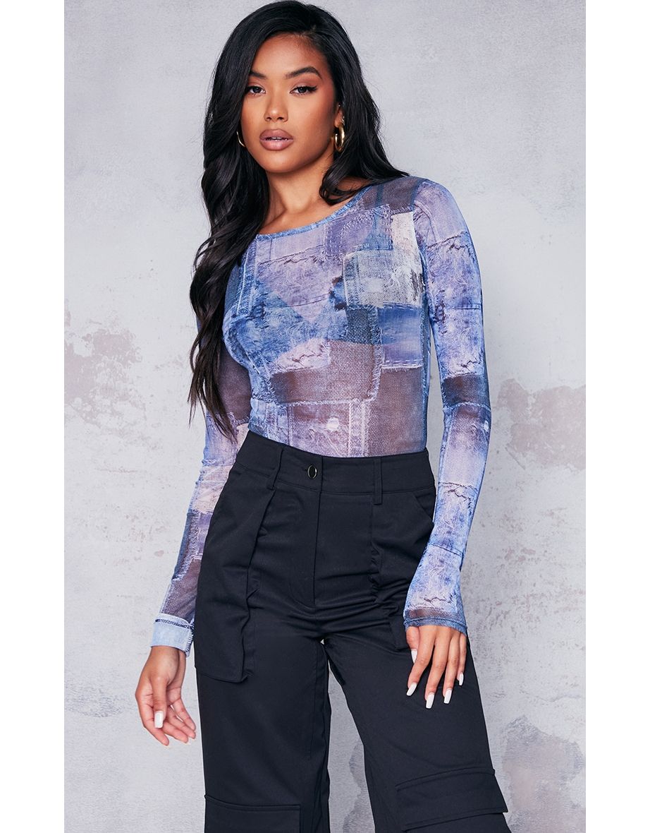 Blue Swirl Print Mesh Long Sleeve Bodysuit