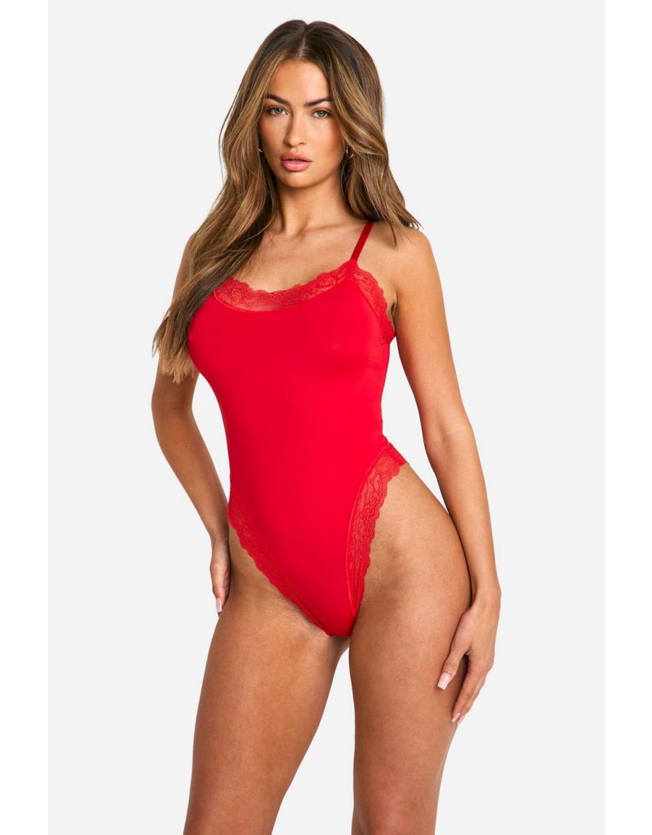 Red Lace Trim Bodysuit - red
