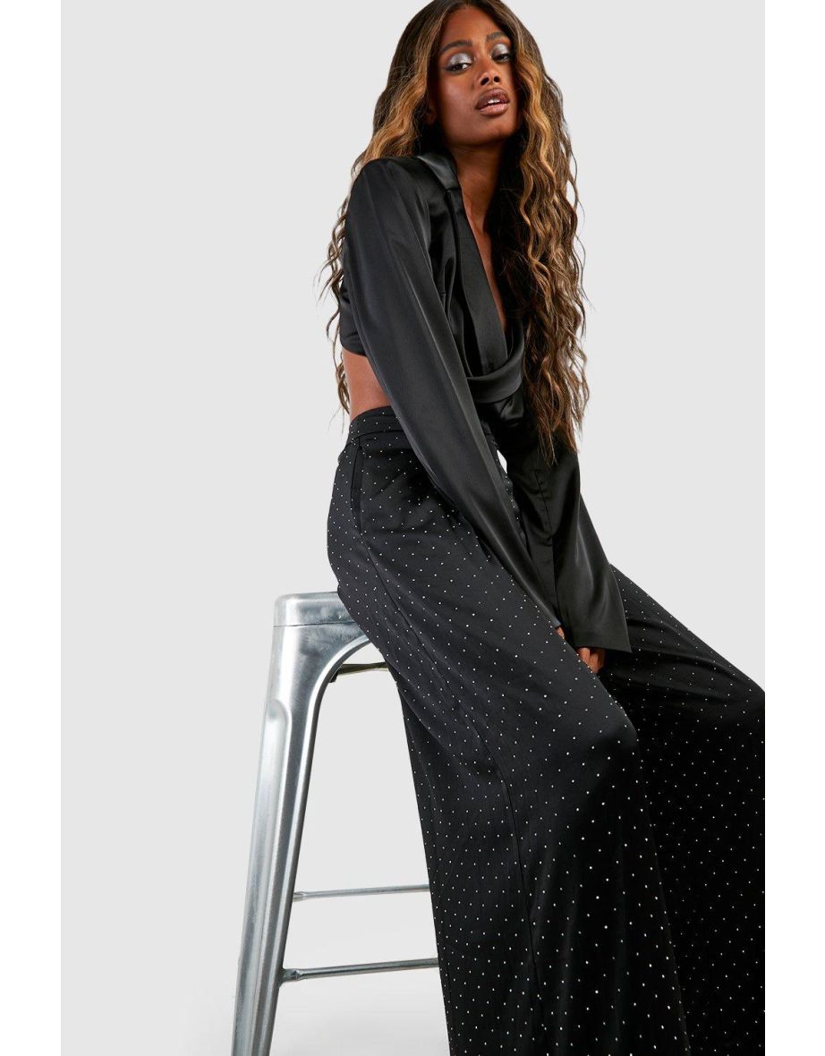Diamante Satin Tailored Wide Leg Trousers - black - 3
