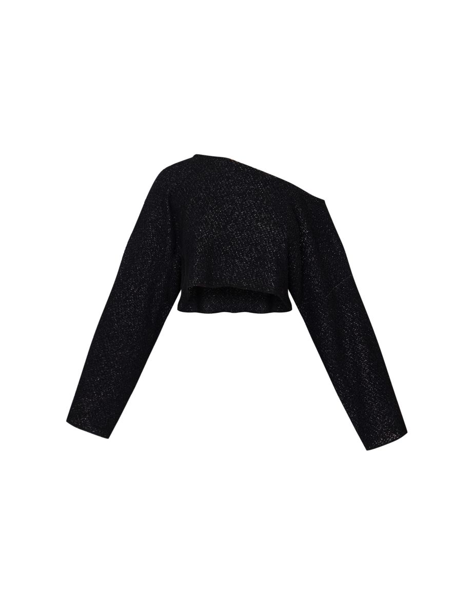 Petite Black Sparkly Knit Off The Shoulder Cropped Jumper - 4
