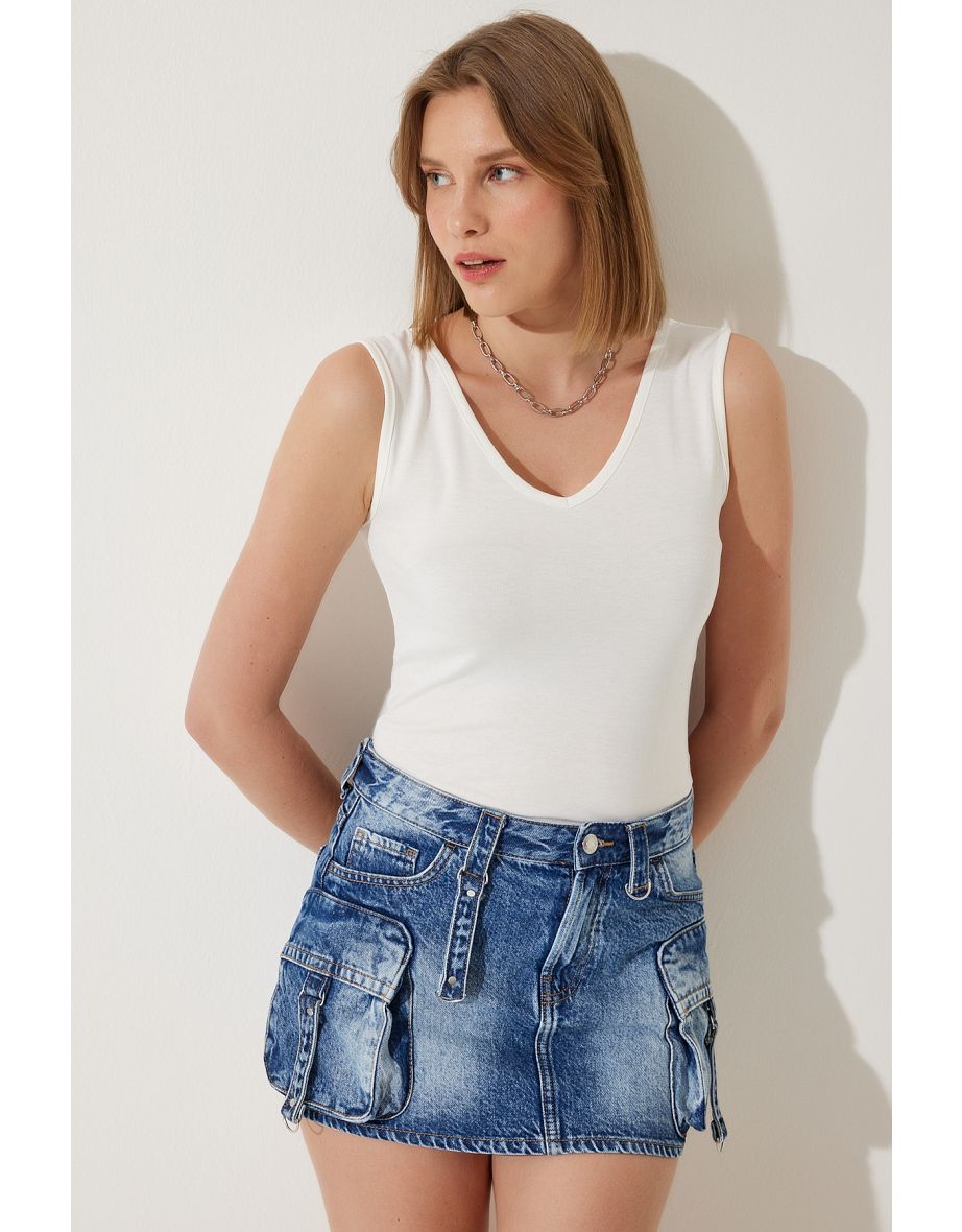 Women Ecru Deep Front Back V Neck Viscose Top