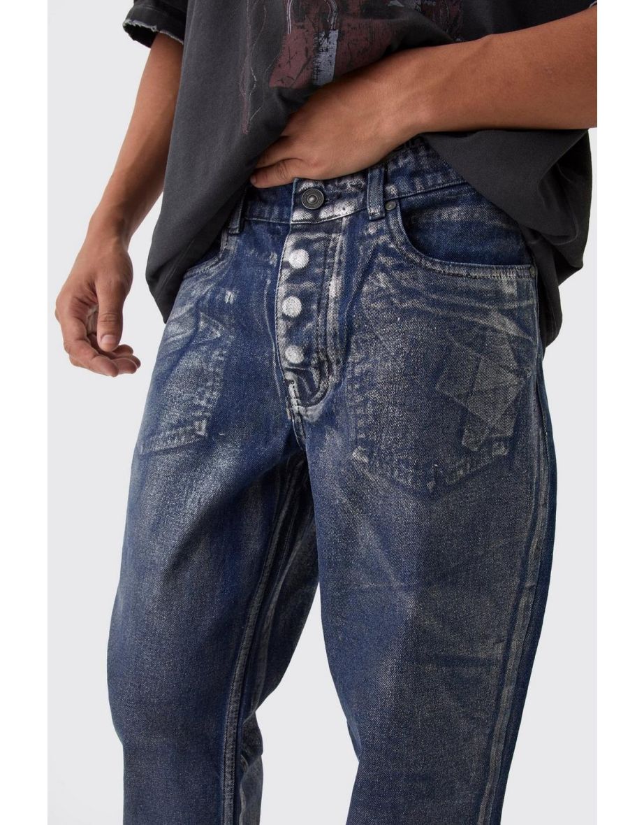 Straight Rigid Sliver Metallic Coated Denim Jeans - indigo - 2