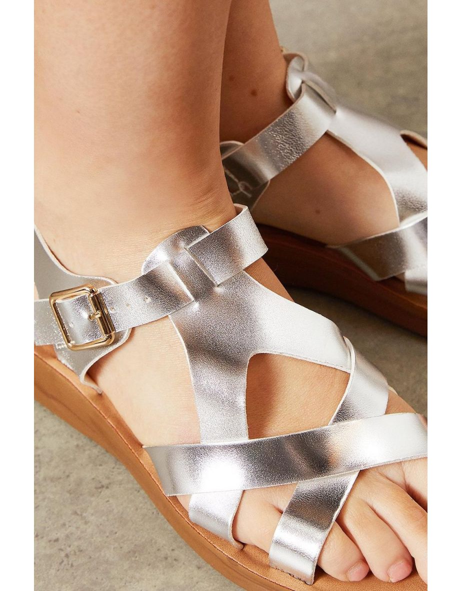 Good For The Sole: Grace Faux Leather T-bar Flexi Comfort Low Wedge Sandals - 3
