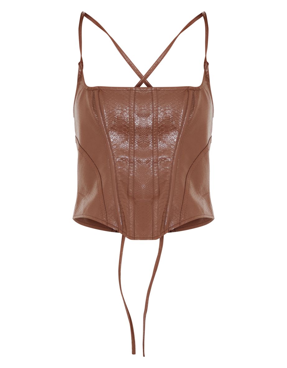Dark Brown Textured Pu Corset Top - 4