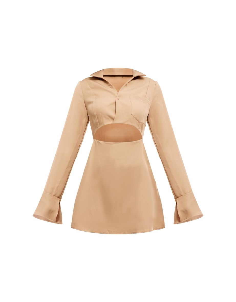 Brown A-Line Mini Shirt Dress with Long Sleeve - 4